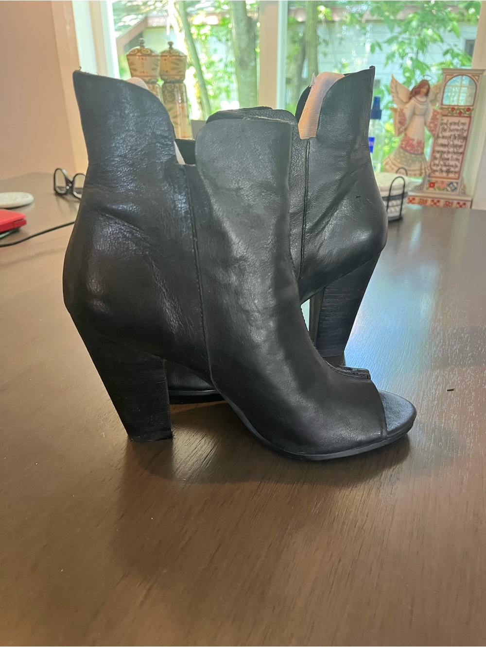 GUESS Open Toe Ankle Leather Boots  Black 4” High Heels Sz 8M